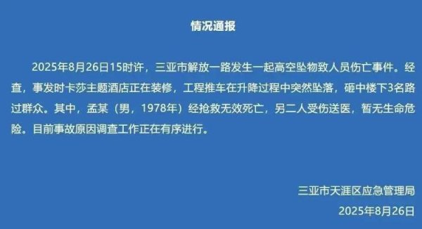 德宏信投 三亚通报一酒店装修时工程推车坠落砸中路人致1死2伤 涉事酒店7月已注销 多部门介入调查